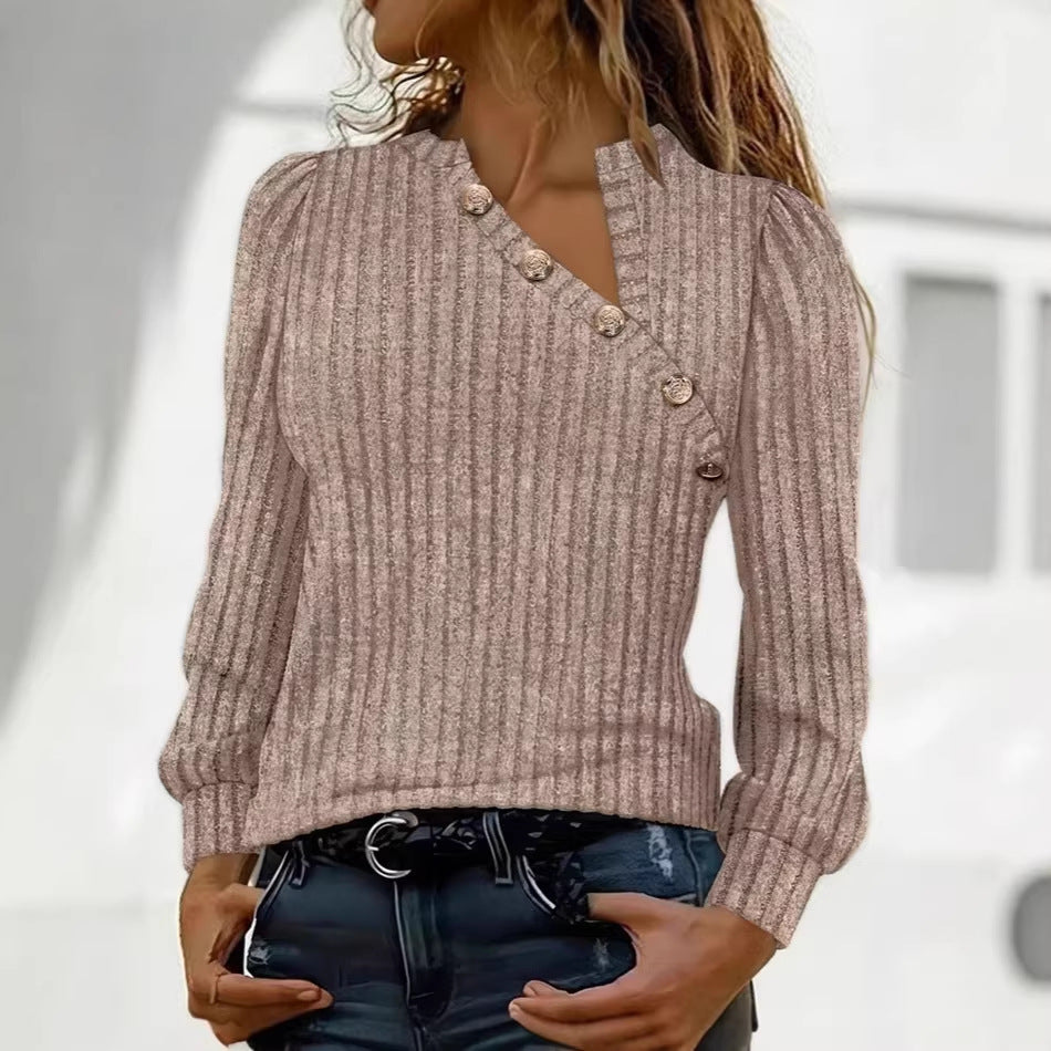 Damen Gerippter Feinstrickpullover mit asymmetrischer Knopfleiste Drune