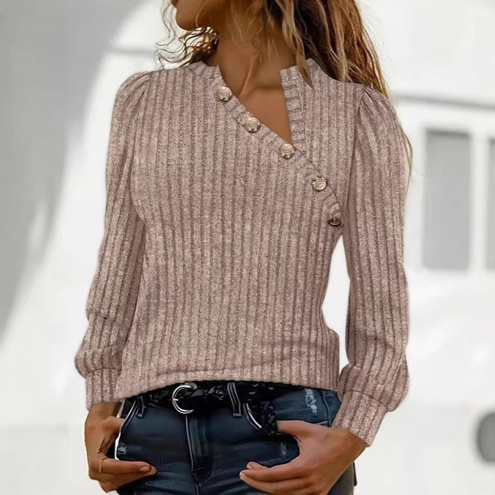 Damen Gerippter Feinstrickpullover mit asymmetrischer Knopfleiste Drune
