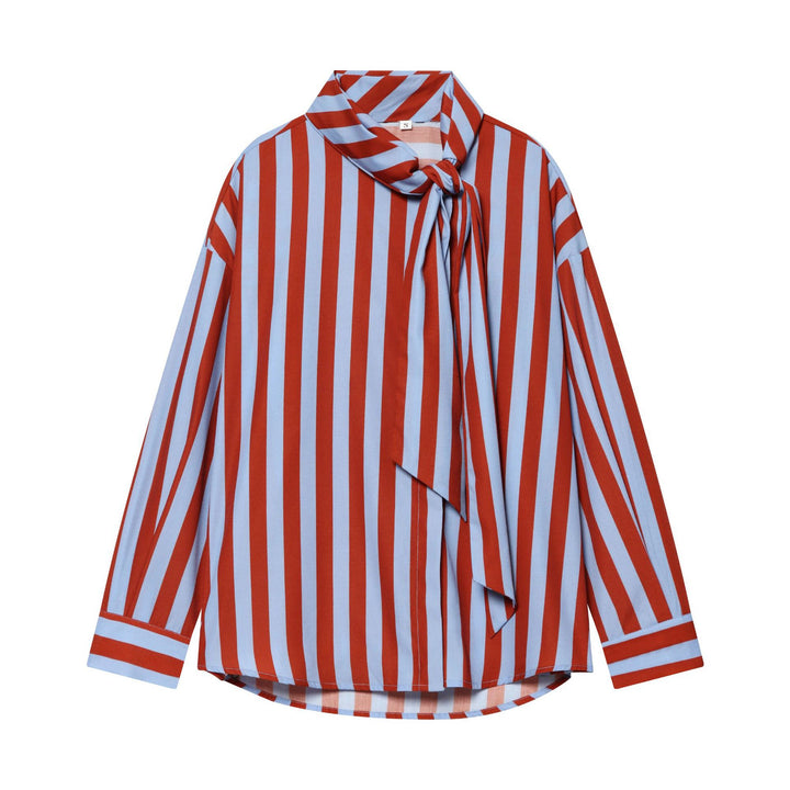 Damen Oversize Bluse mit Schleifenkragen und feinen Streifen Drune