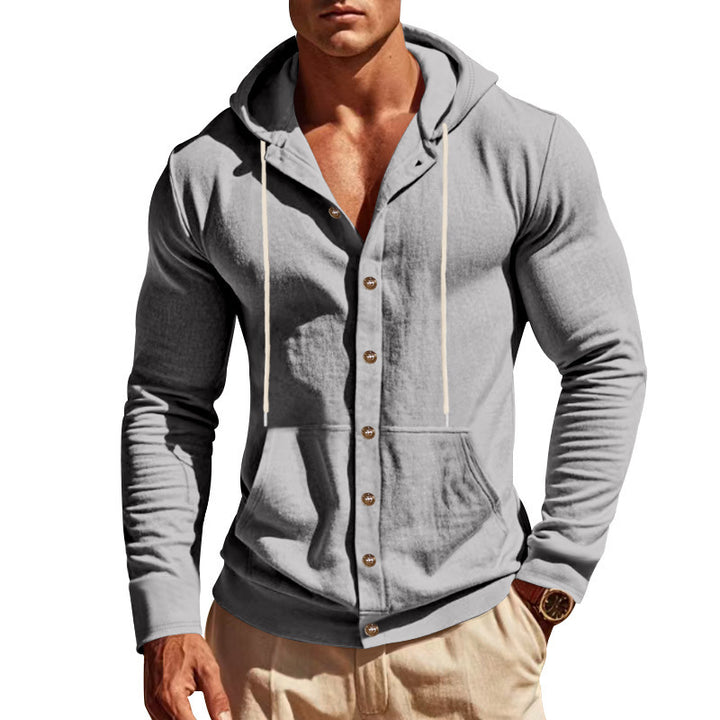 Herren nan leichte Kapuzen-Strickjacke mit durchgehender Knopfleiste schmaler Schnitt und Kängurutasche Drune