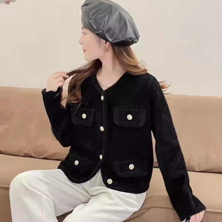 Damen Flauschiger Cardigan mit dekorativen Knopfdetails und praktischen Taschen Drune
