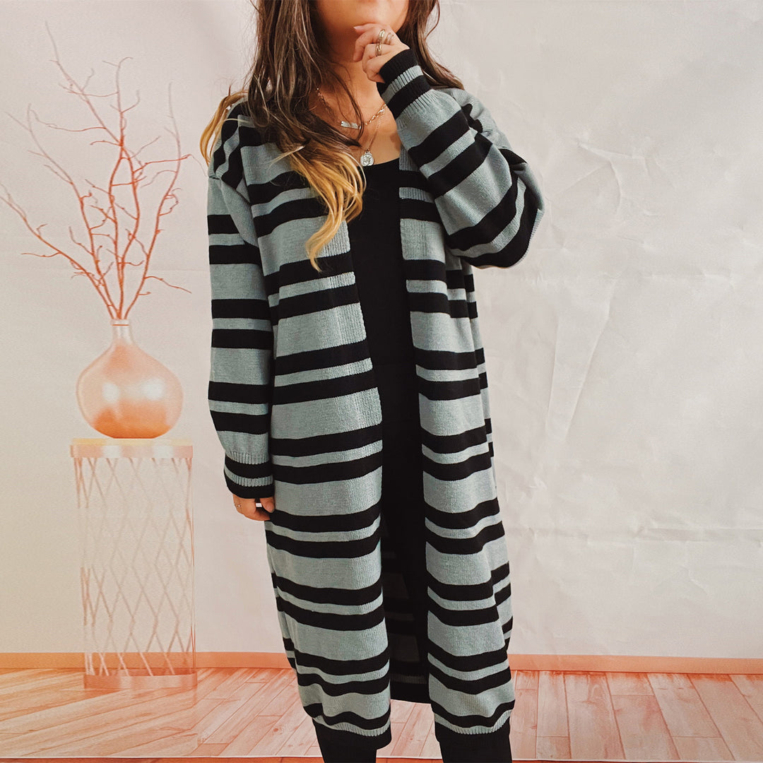 Damen lange gestreifte Strickjacke mit offenem Schnitt Drune