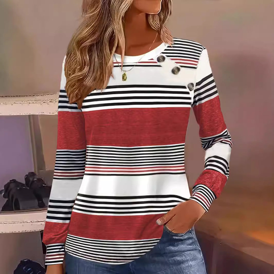 Damen Langarmshirt mit maritimem Streifenmuster und dekorativen Knopfdetails Drune