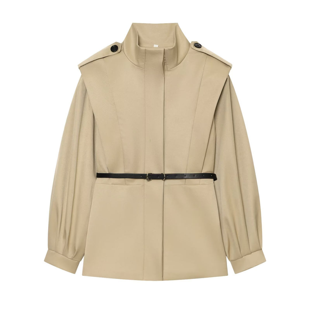 Damen Cape-ähnliche Manteljacke mit Stehkragen, Schulterklappen und Taillengürtel Drune