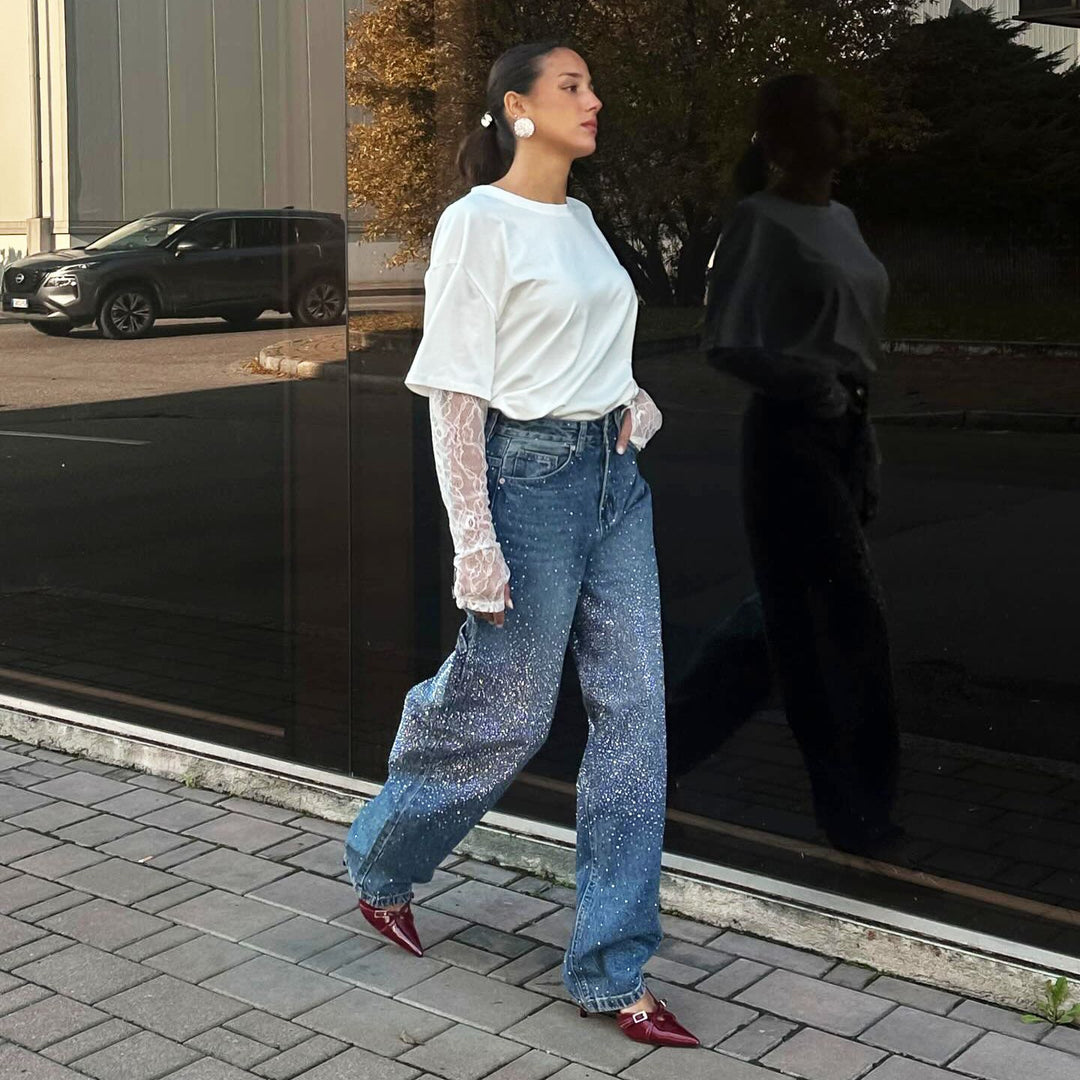 Damen Modisches Oversized T-Shirt mit Spitzenärmeln Drune