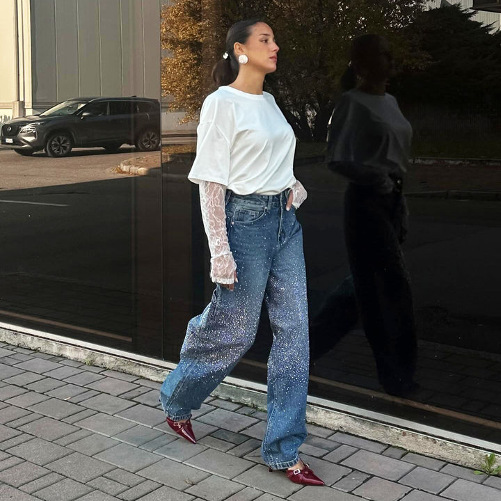 Damen Modisches Oversized T-Shirt mit Spitzenärmeln Drune