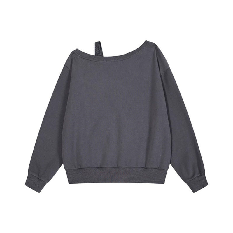 Damen Oversize-Sweatshirt mit asymmetrischem One-Shoulder-Träger, Kängurutasche und Nieten Drune