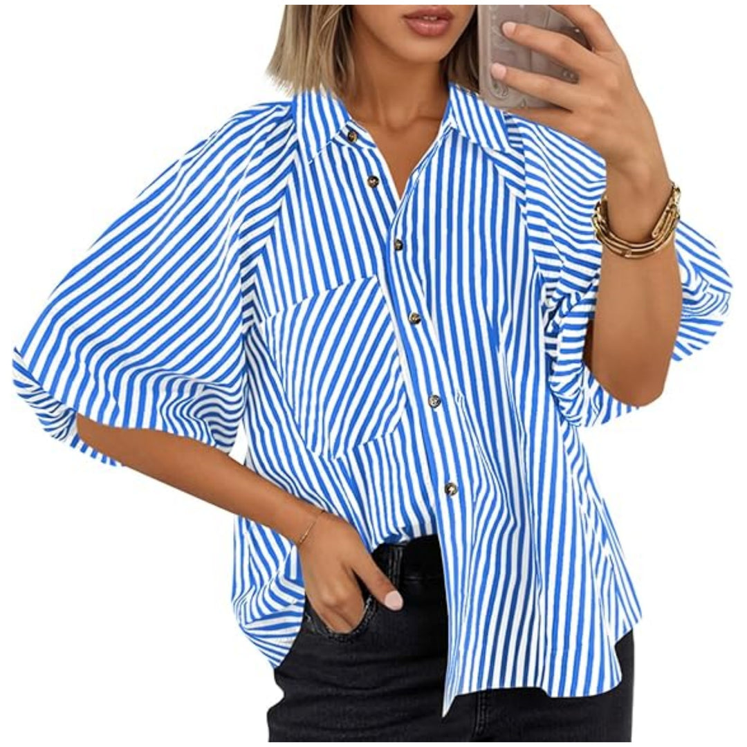 Damen Oversize Hemdbluse mit Ballonärmeln und vertikalem Streifenmuster Drune
