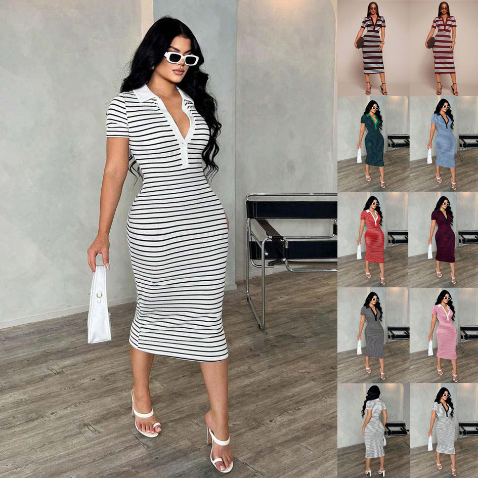 Damen Figurbetontes Polokleid im Streifen‑Look aus Rippstrick mit kurzem Ärmel Drune