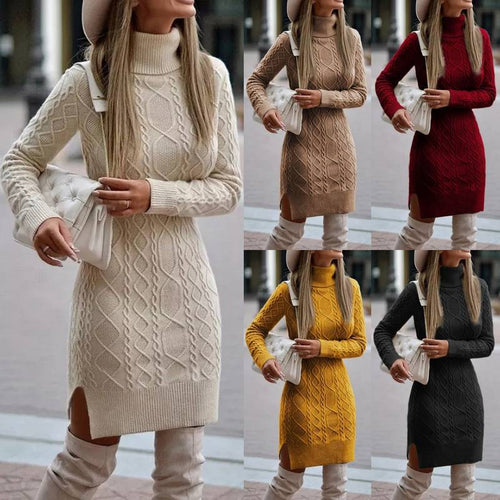 Damen nan figurbetontes Strickkleid mit Rollkragen, Zopfmuster, seitlichem Schlitz und geripptem Saum Drune