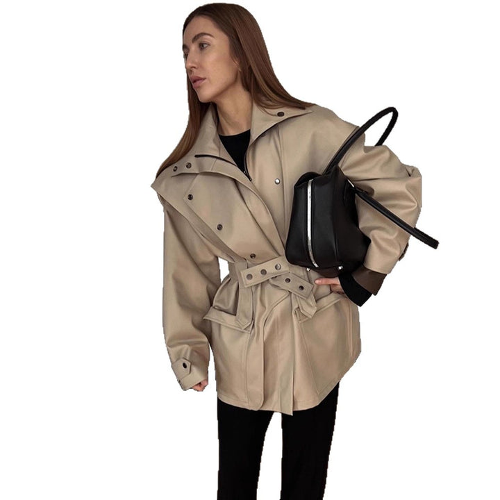 Damen Kunstleder-Mantel mit breitem Kragen und praktischen Taschen Drune