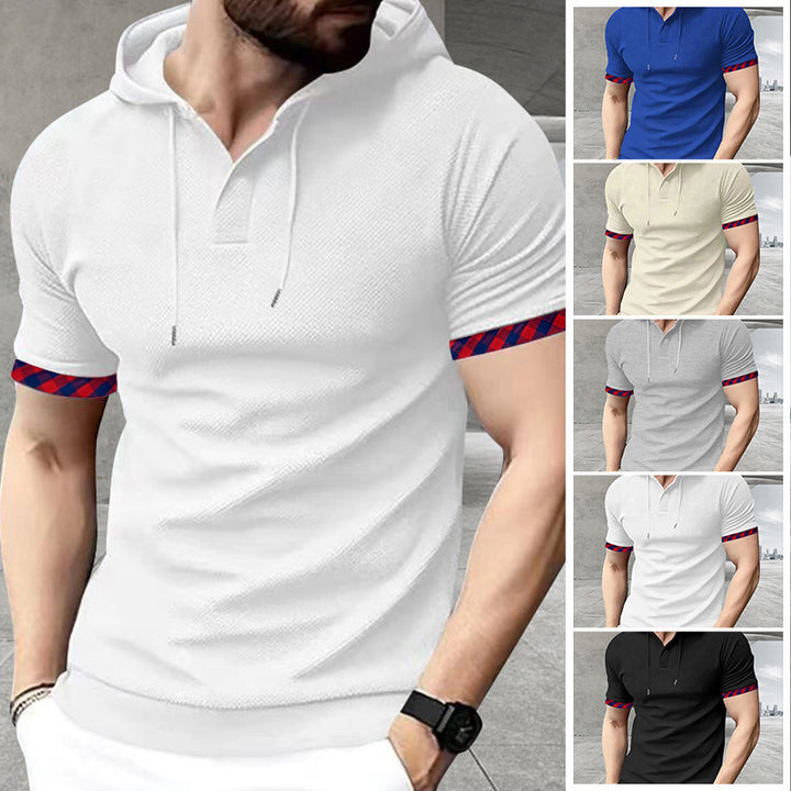 Herren nan schmal geschnittenes Kurzarm-Kapuzenshirt im Polostil mit Henley-Ausschnitt und karierter Ärmelmanschette Drune