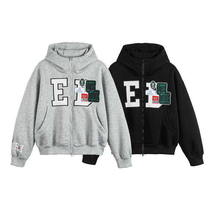 Unisex Oversize Kapuzenzipjacke mit Collegiate‑Patches Drune