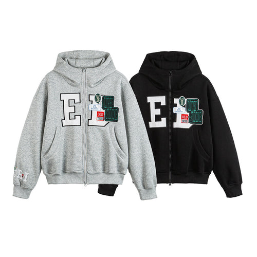 Unisex Oversize Kapuzenzipjacke mit Collegiate‑Patches Drune
