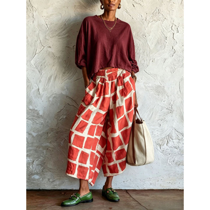 Damen Gemusterte Culotte-Palazzohose mit weitem Bein, elastischem Bund und Eingrifftaschen Drune