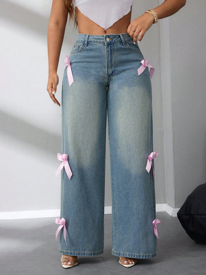 Damen weite High-Waist Jeans mit dekorativen Schleifenapplikationen Drune