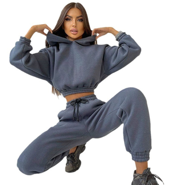 Damen cropped Stehkragen-Sweatset mit elastischem Taillenbund und hochtaillierter Tapered-Jogginghose Drune