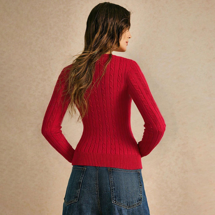 Damen figurbetonter Zopfmuster‑Pullover mit V‑Ausschnitt und taillierender Rippstruktur Drune