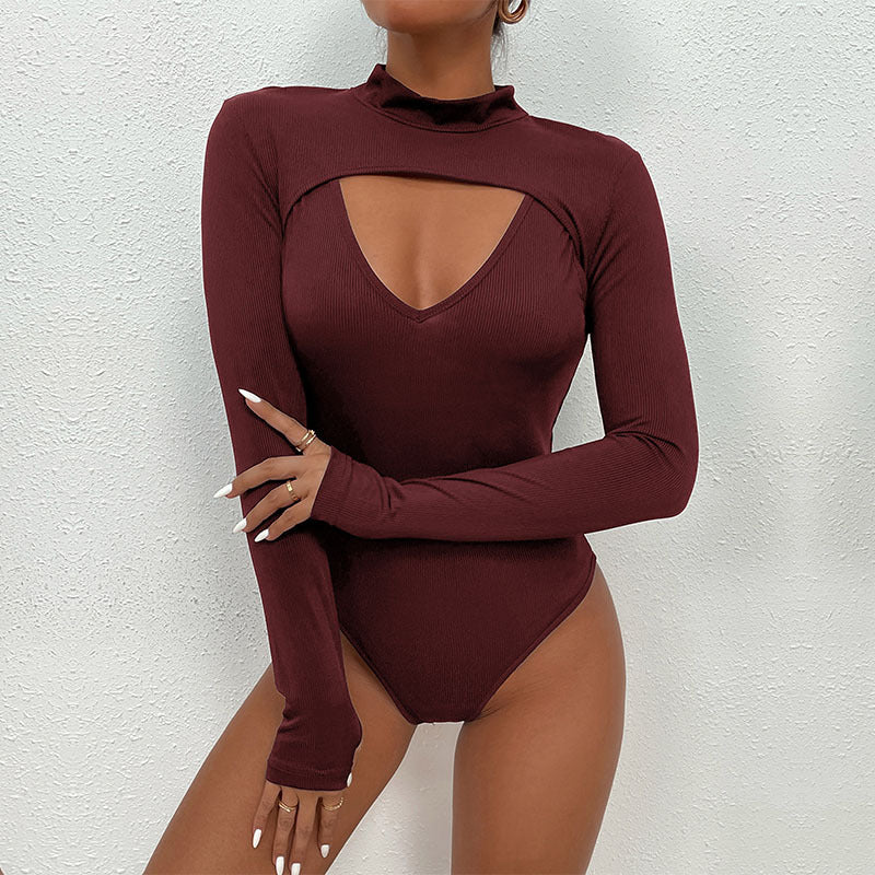 Damen Figurbetontes Ripp-Body mit Cut-Out, Stehkragen und langen Ärmeln Drune