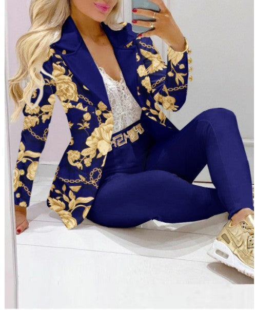 Damen Zweiteiliges Blazer-und-Hose-Set mit Schmetterlingsprint und glamourösem Glitzereffekt Drune