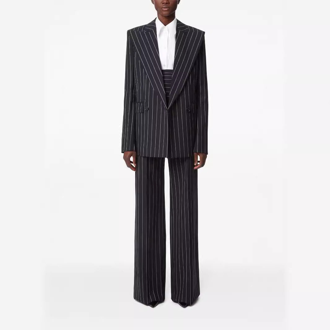 Damen Oversize Nadelstreifen Zweiteiliger Tailoring-Anzug mit weitem High‑Waist‑Hosenbein Drune