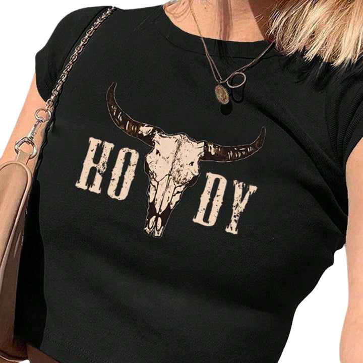 Damen Crop-T-Shirt mit kreativen Cow Skull Design Drune