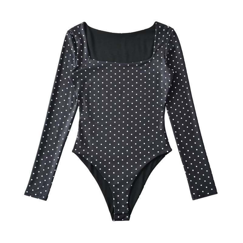 Damen Langärmeliger Body mit quadratischem Ausschnitt und Pünktchenprint Drune