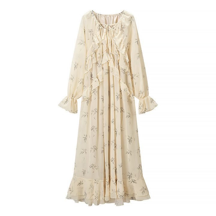 Damen Maxikleid mit eleganten Rüschendetails und floralem Druck Drune