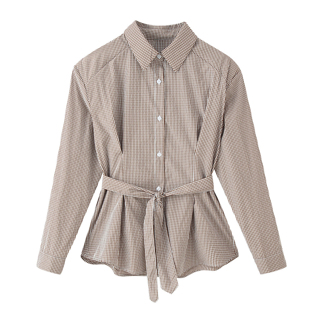 Damen Karo-Hemdbluse mit Taillengürtel und ausgestelltem Volant-Saum Drune