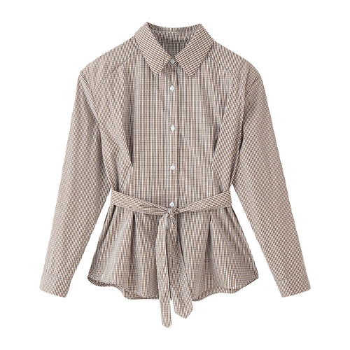 Damen Karo-Hemdbluse mit Taillengürtel und ausgestelltem Volant-Saum Drune
