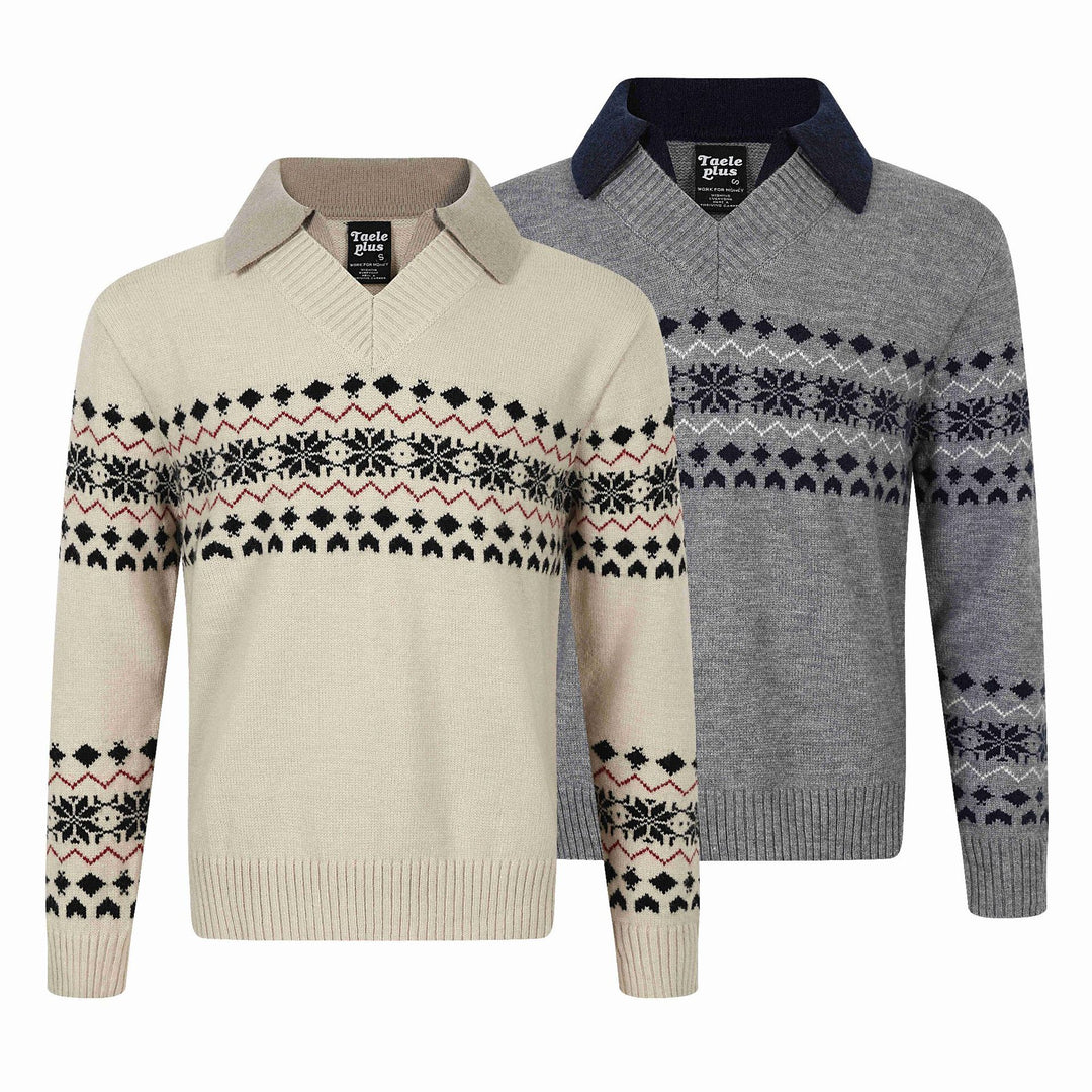 Herren Norweger-Strickpullover mit V‑Ausschnitt und kontrastierendem Hemdkragen Drune