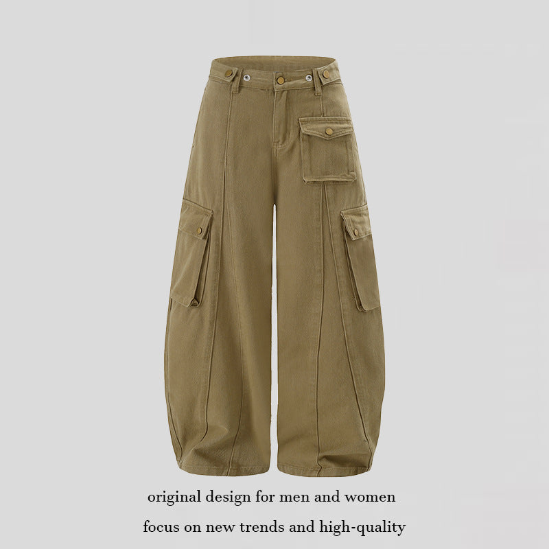 Damen Weite Cargo-Palazzo-Hose mit hohem Bund, Ballon-Saum und mehreren Klappentaschen Drune