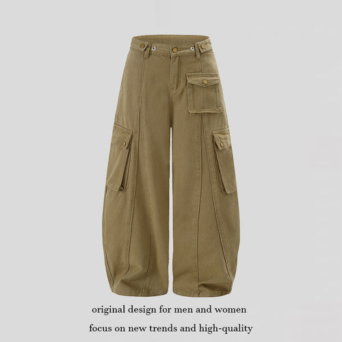 Damen Weite Cargo-Palazzo-Hose mit hohem Bund, Ballon-Saum und mehreren Klappentaschen Drune