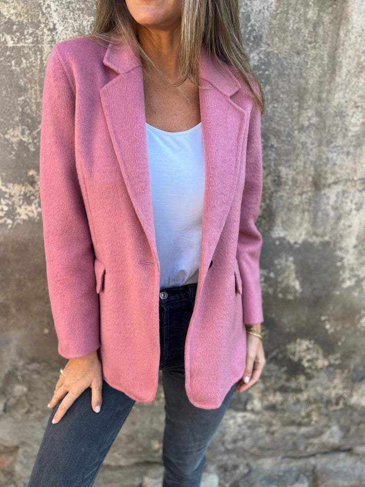 Damen taillierter Bouclé-Blazer mit fallendem Revers und Ein-Knopf-Detail Drune