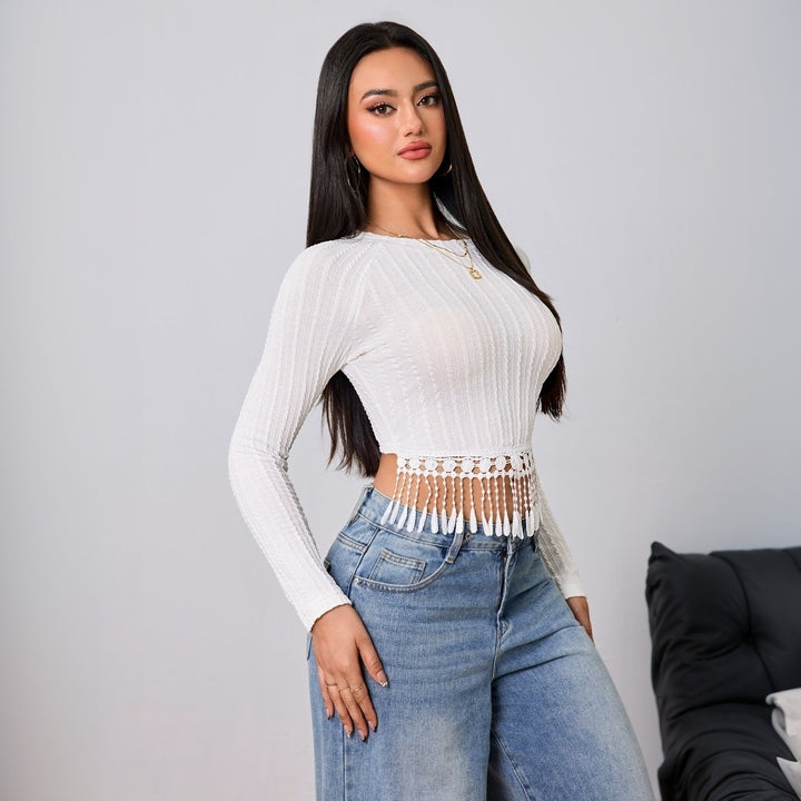 Damen gehäkeltes Crop-Longsleeve mit Fransen-Bordüre und Rippstruktur Drune