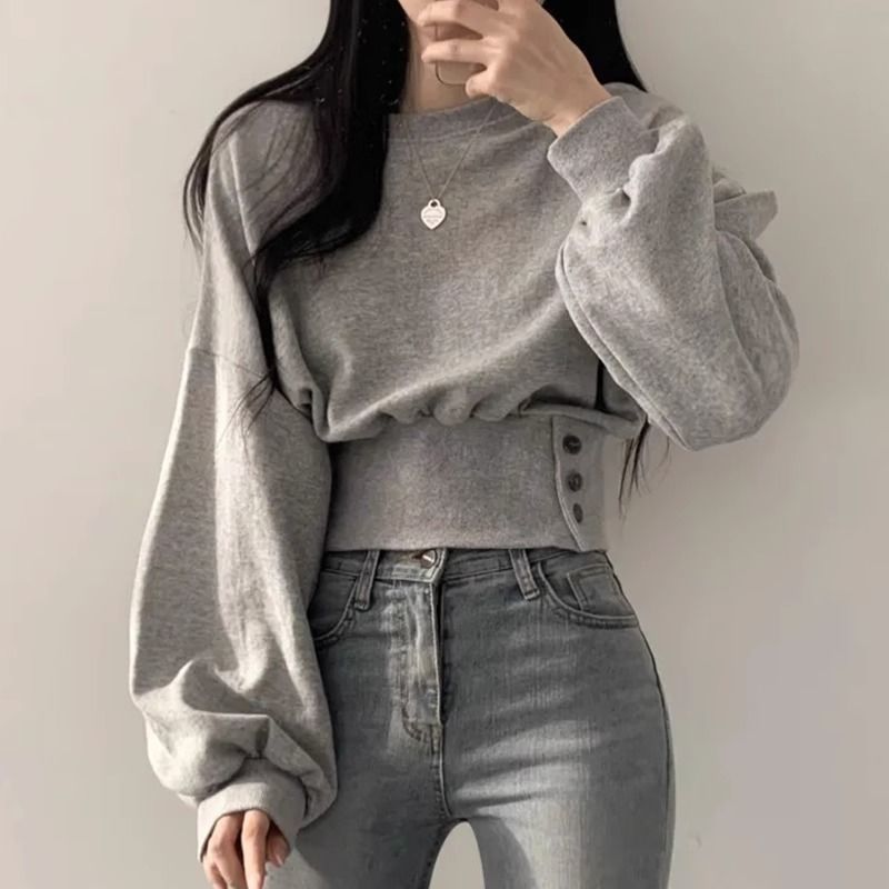 Damen modischer cropped Sweatpullover mit Puffärmeln Drune