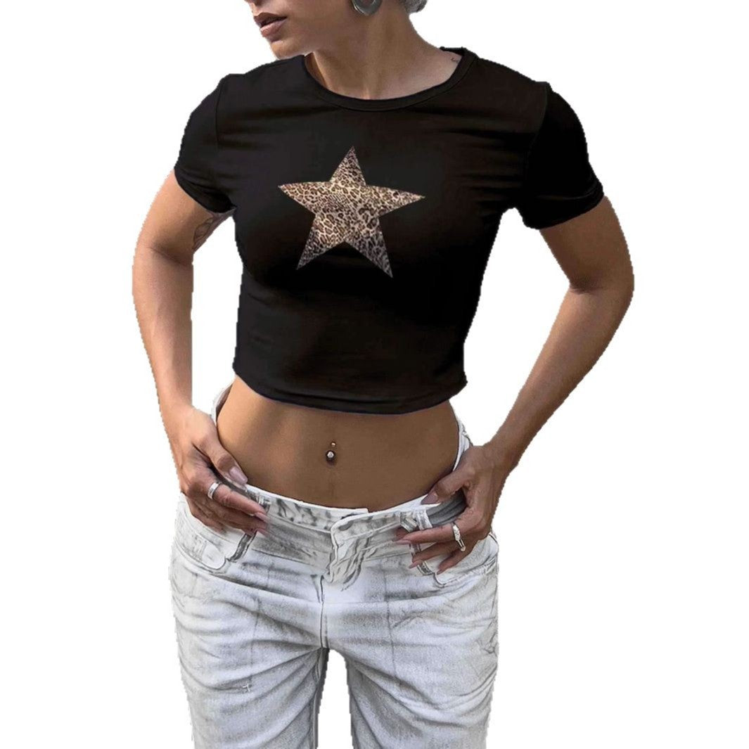 Damen Crop-T-Shirt mit stilvollem Leopardenstern-Design Drune
