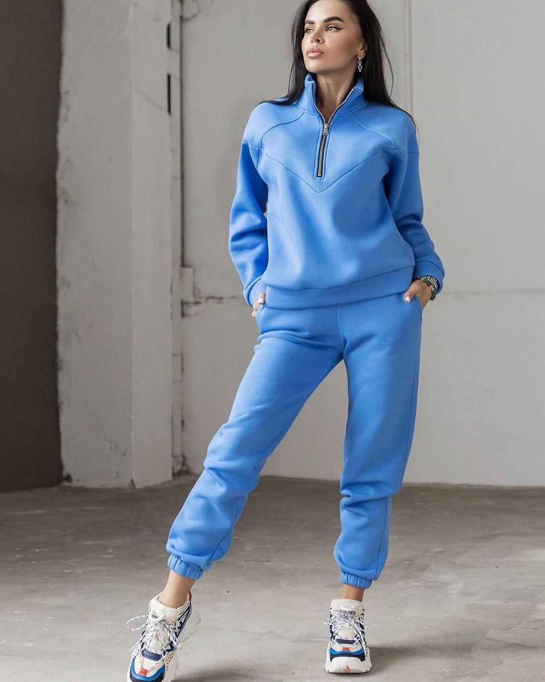 Damen Zweiteiliges Sweat-Loungewear-Set mit Troyer-Reißverschluss und elastischer Jogginghose Drune