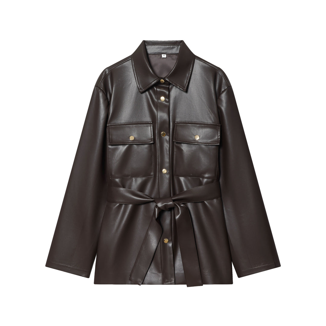 Damen nan taillierte Kunstleder-Hemdjacke mit Bindegürtel und Pattentaschen Drune