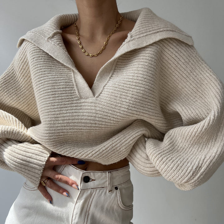 Damen kurzes geripptes Strickpullover mit weitem Matrosenkragen und Ballonärmeln Drune