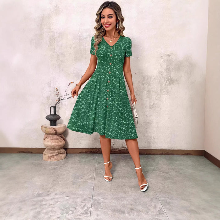 Damen Knielanges Kleid mit V-Ausschnitt und Knopfdetails Drune
