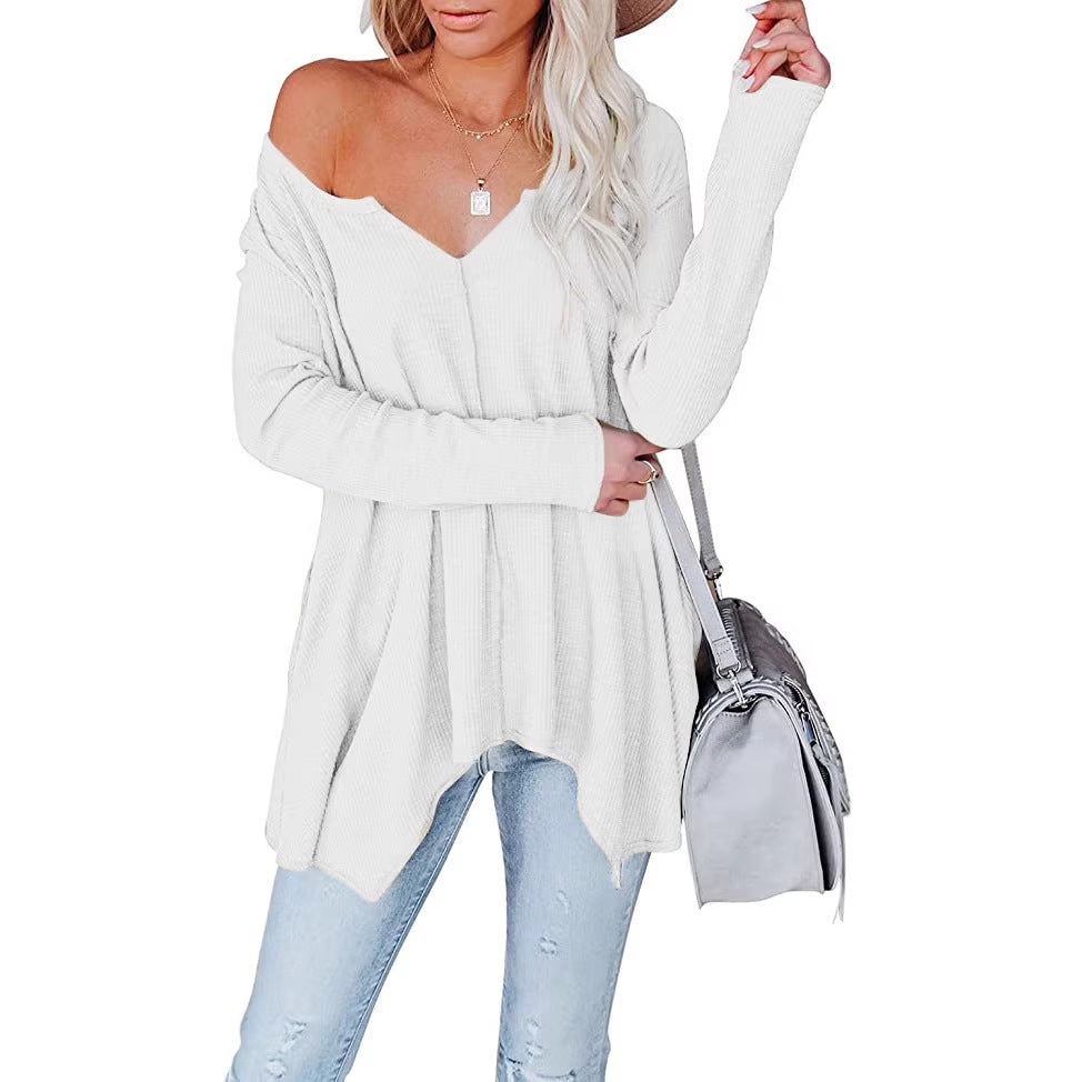 Damen Freizeit Waffelstrick Tunika mit V-Ausschnitt, Off-Shoulder und asymmetrischem Saum Drune