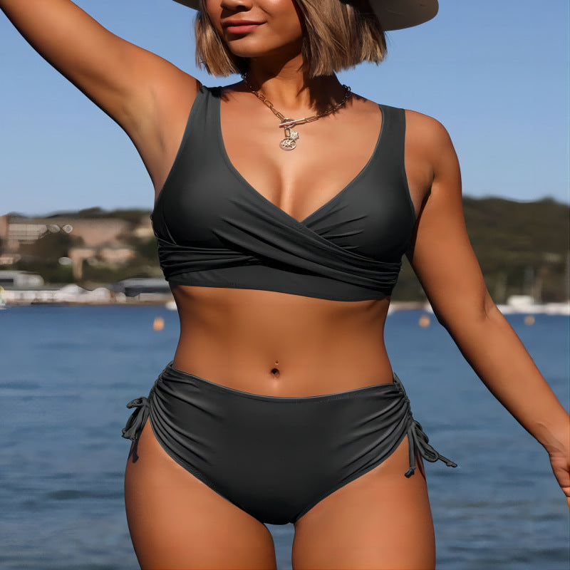 Damen Wickel-Bikini-Set mit elastischen Bündchen und modischem V-Ausschnitt Drune