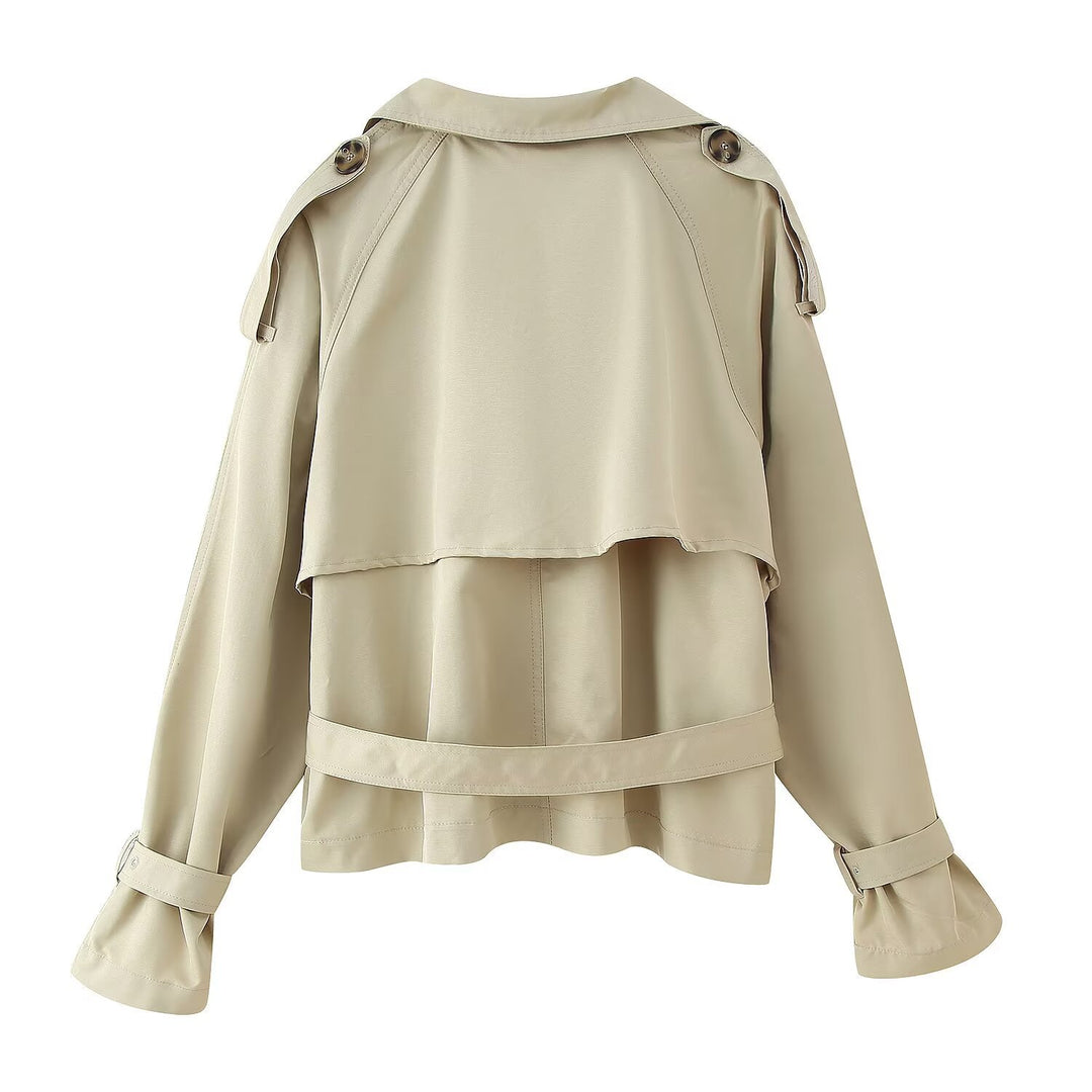 Damen modische cropped Trenchjacke mit elegantem Gürtel und oversized Kragen Drune