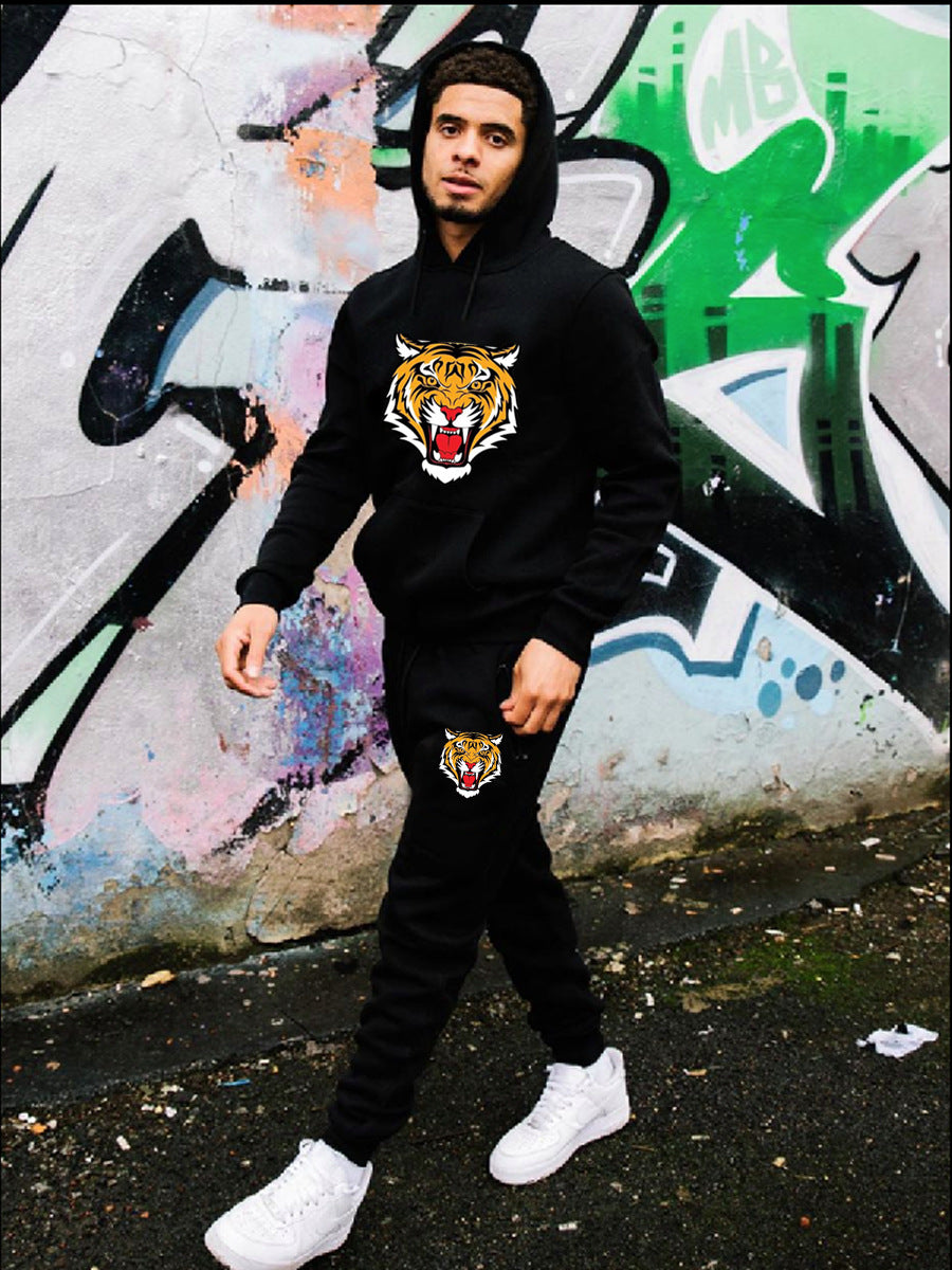 Herren Sportliches Hoodie und Jogginghose Set mit Tiger-Motiv Drune