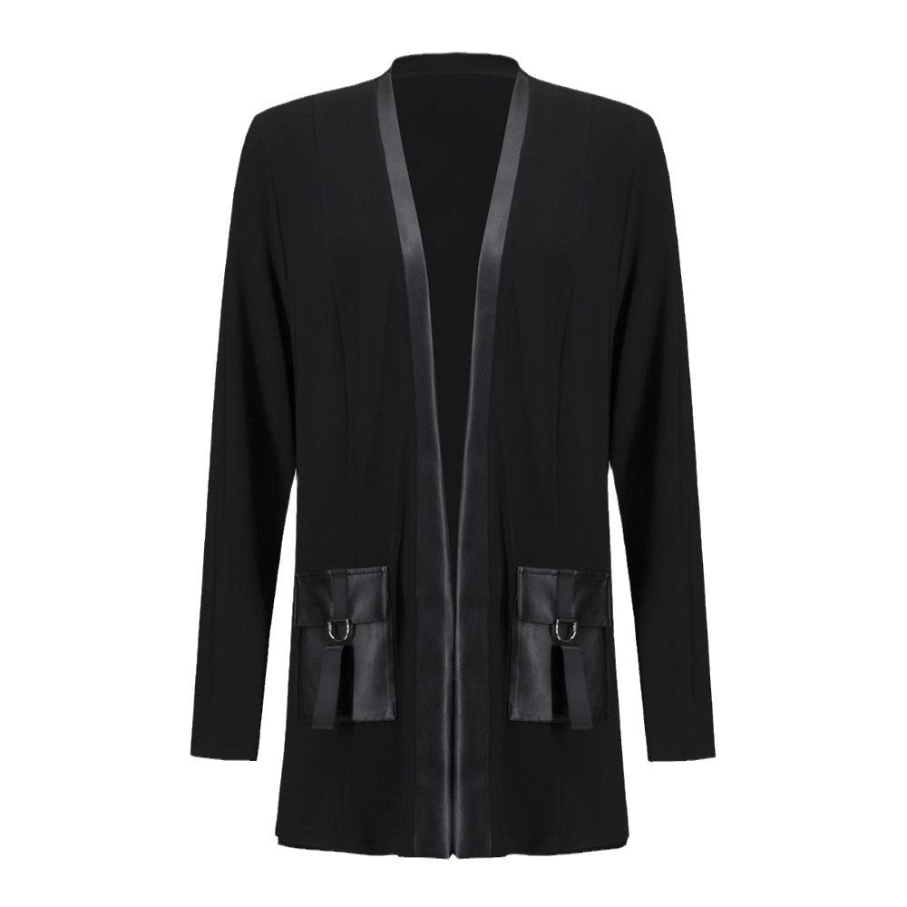 Damen nan offener Jersey-Cardigan mit Lederimitat-Besatz und D-Ring-Taschen Drune