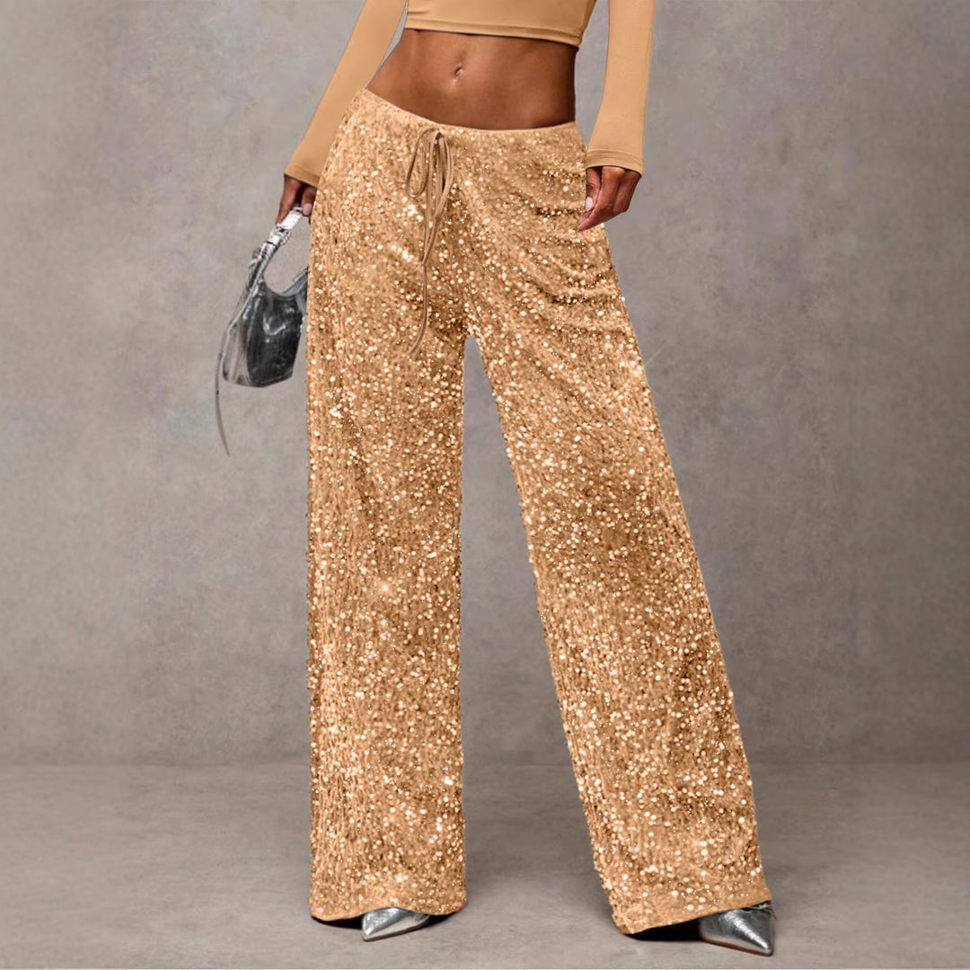 Damen Pailletten-Palazzohose mit hohem Bund und Kordelzug Drune
