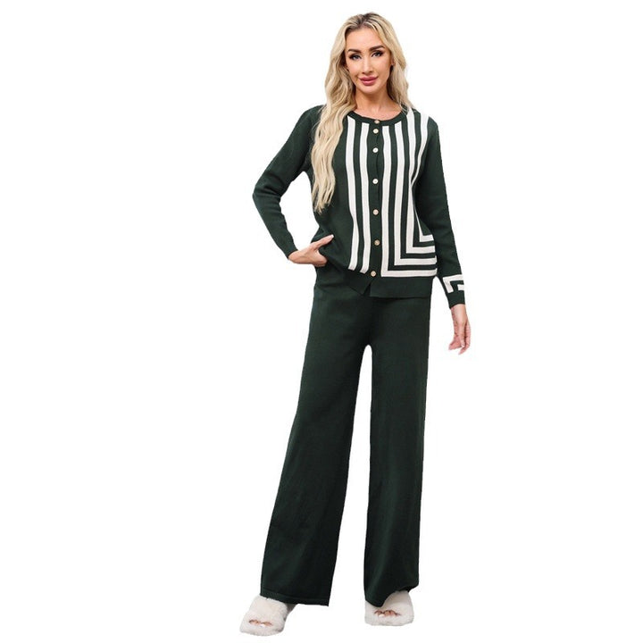 Damen elegantes Strick-Loungewear-Set mit grafischem Muster und Knopfdetaillierung Drune