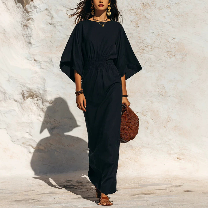 Damen Maxikleid mit Fledermausärmeln und geraffter Smock-Taillierung Drune