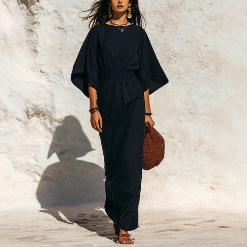 Damen Maxikleid mit Fledermausärmeln und geraffter Smock-Taillierung Drune